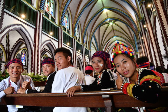 Pope speaks to young people at the cathedral in Yangon 
